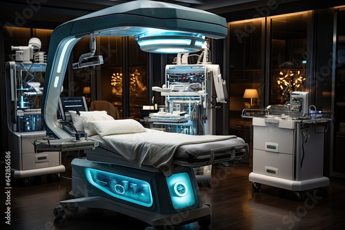 a hospital room with two beds and an operating machine in the foreground is lit by blue leds on the bed