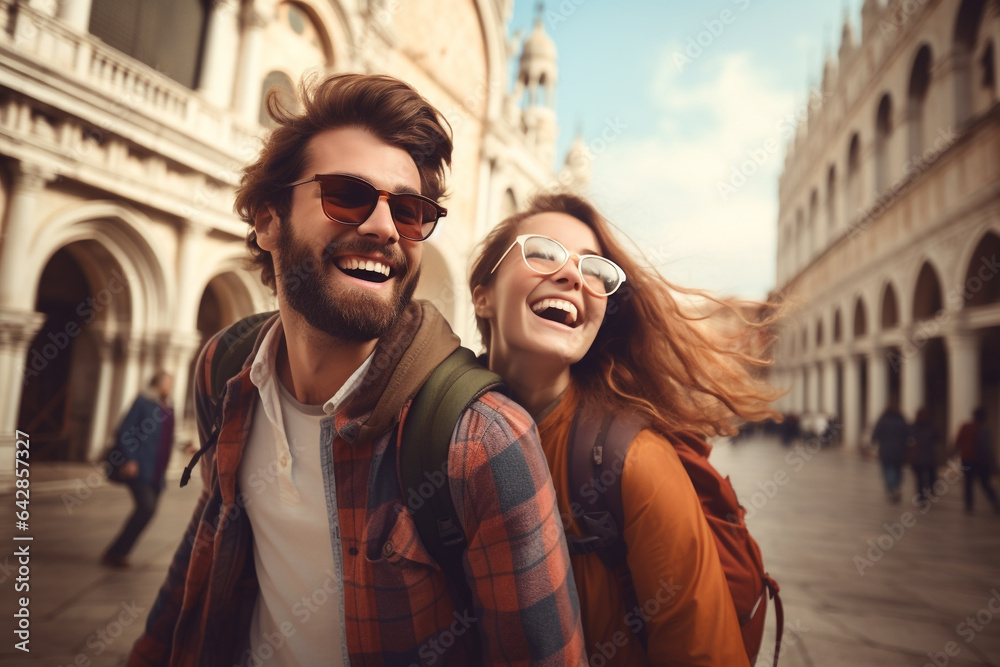 Travel, vacation, romance concept. Young couple traveling and walking in Venice, Italy. Gondolas, canals, old town in background. Sunset summer. Generative AI - obrazy, fototapety, plakaty 