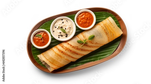 masala dosa served with sambhar and coconut chutney on banana leaf isolated on white background
