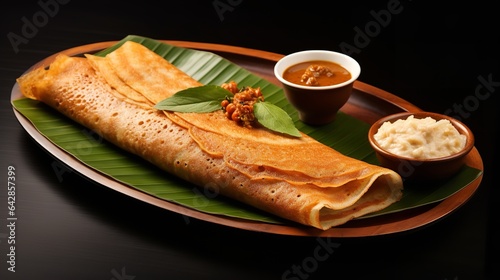 masala dosa served with sambhar and coconut chutney on banana leaf isolated on white background