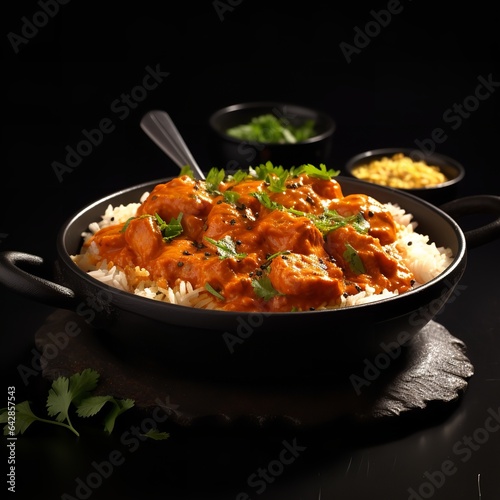 photo indian butter chicken and rice in black bowl on black background