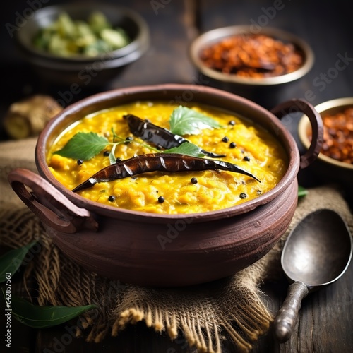 photo indian dhal spicy curry in bowl, spices, herbs, rustic black wooden table