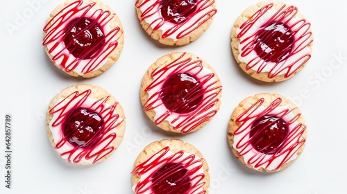 Raspberry Thumbprint Cookies with Icing on white background top view