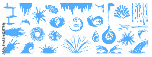 Splashes, puddles, drops, jets, waves, whirlpools and liquid streaks. Water in motion. Vector design elements