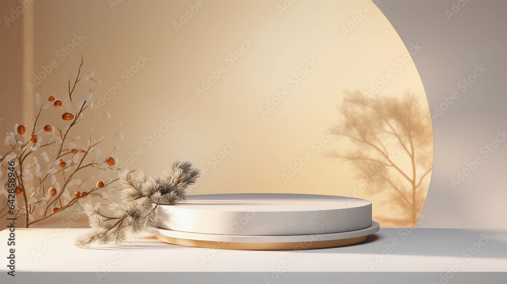3D podium display and pine tree, Christmas lights background with snow ...