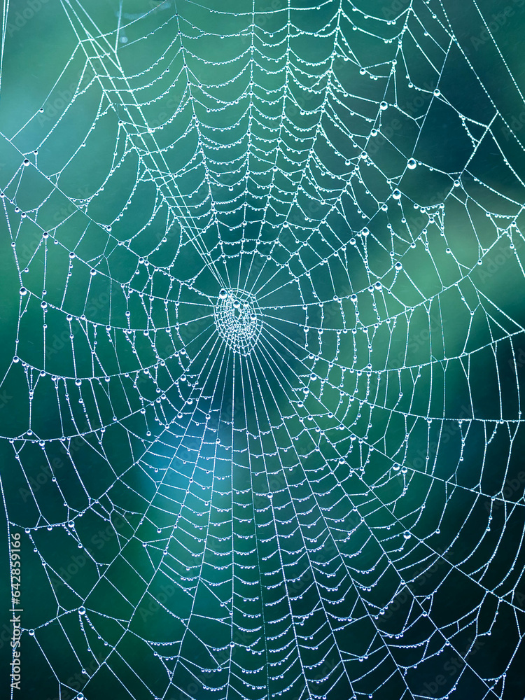 Naklejka premium Detailed image of a spider web with water droplets against a blue-green background