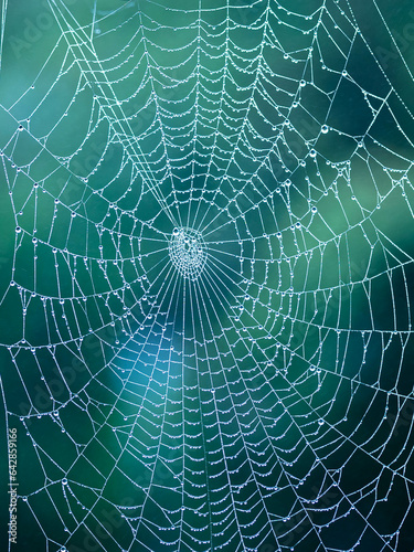 Detailed image of a spider web with water droplets against a blue-green background