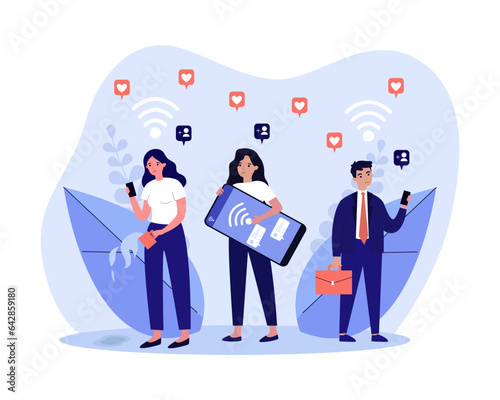 People with social media addiction vector illustration. Frustrated users holding smartphones, liking posts and chatting on app without break. Social media addiction, technology concept