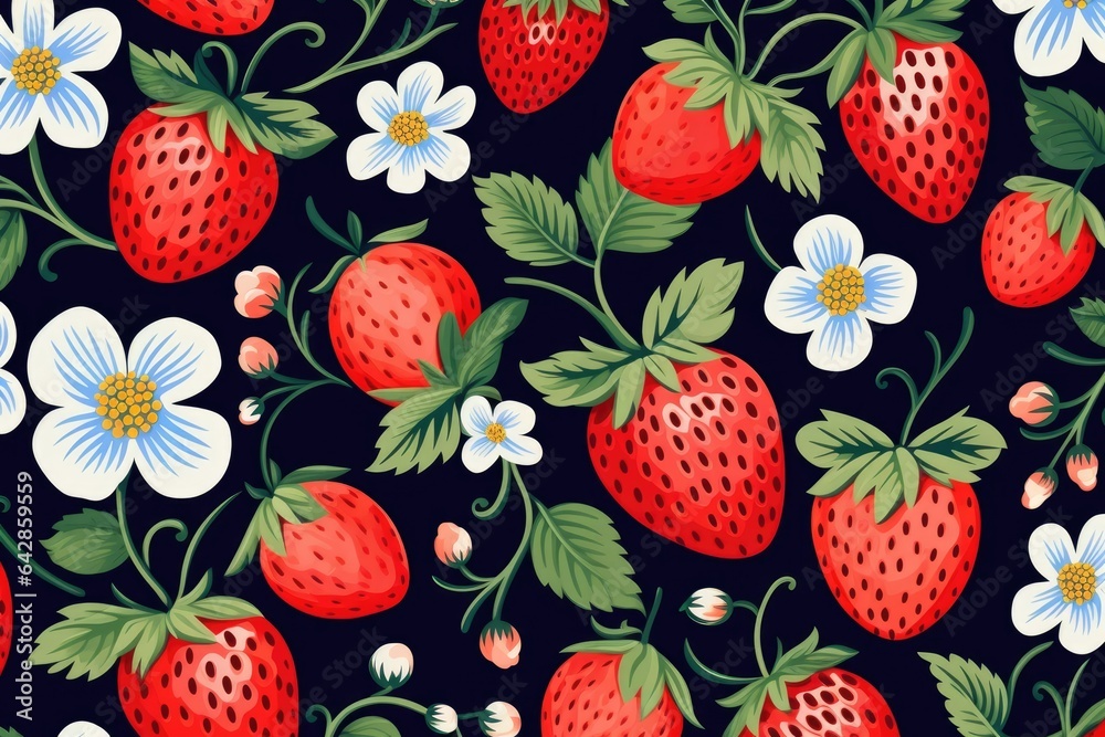 Strawberries with flowers and leaves on paper, illustration Strawberries with flowers and leaves on paper, illustration