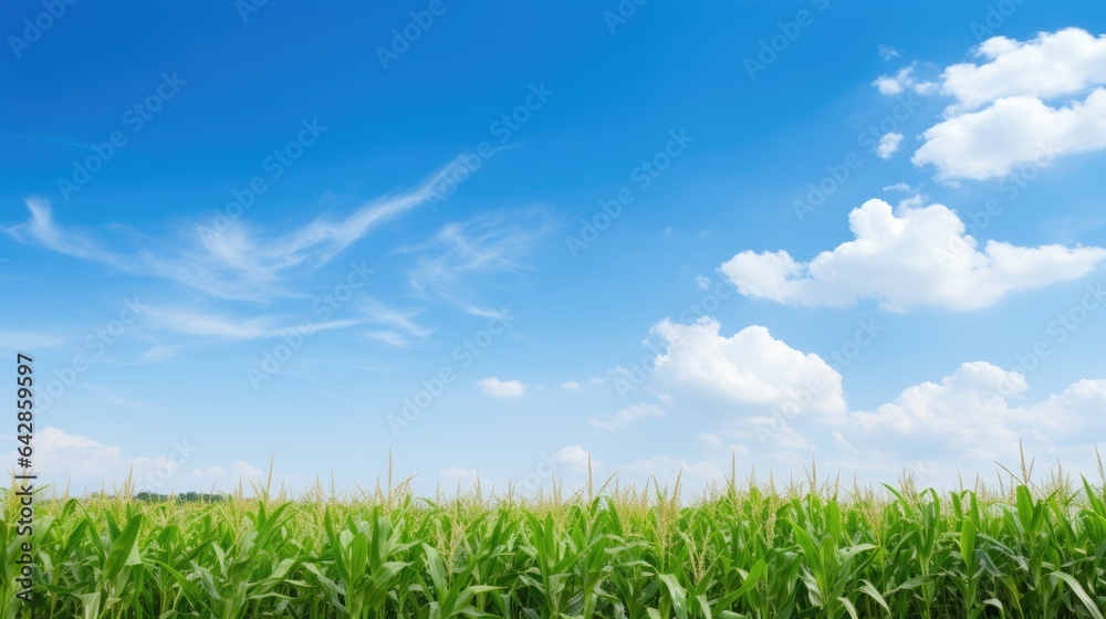 Green corn field and blue sky.
