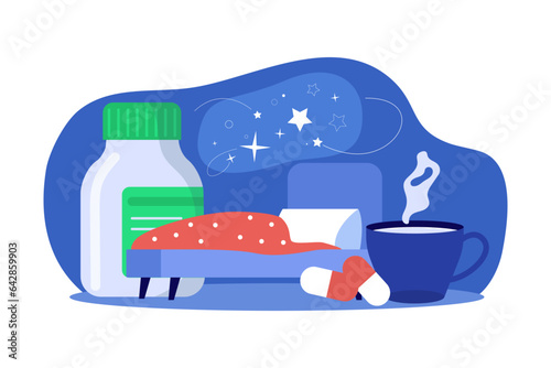 Medication for better sleep vector illustration. Comfortable bed with blanket, pill bottle and capsules for insomnia, cup of tea or cocoa. Healthy sleep environment, health care concept