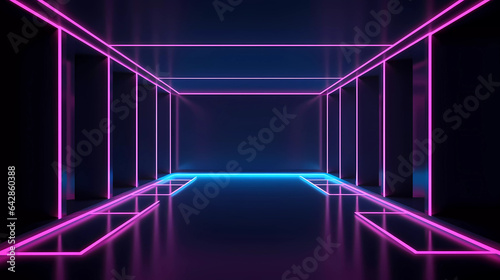 Abstract futuristic dark blue and pink neon light background, empty room with square neon tube. vector illustration