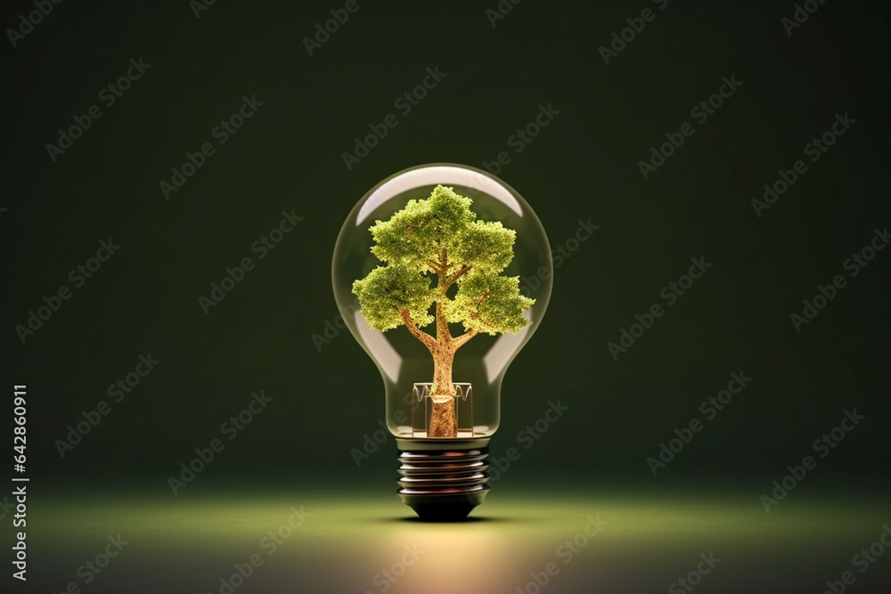 Green tree inside a lightbulb on dark background with copy space Green tree inside a lightbulb on dark background with copy space