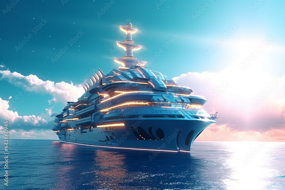 Big Cruise ship in the sea at sunset. 3D illustration. - obrazy, fototapety, plakaty 