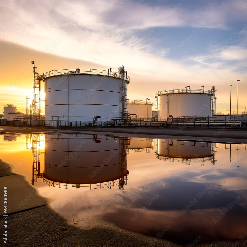 Oil or Fuel storage tanks at a refinery. Concept of the oil industry and energy sector.  Shallow field of view.