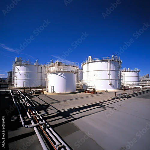 Oil or Fuel storage tanks at a refinery. Concept of the oil industry and energy sector. Shallow field of view.