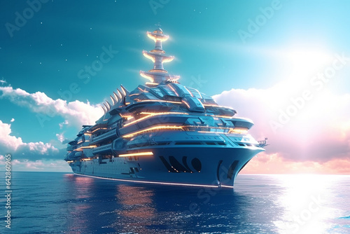 Big Cruise ship in the sea at sunset. 3D illustration.