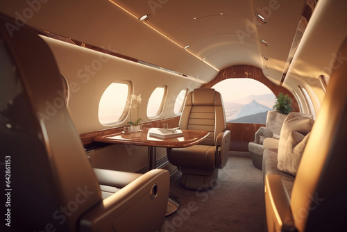 Interior of a private jet with seats and tables. 3d rendering © Creative