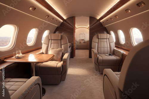 Interior of a private jet with seats and tables. 3d rendering © Creative