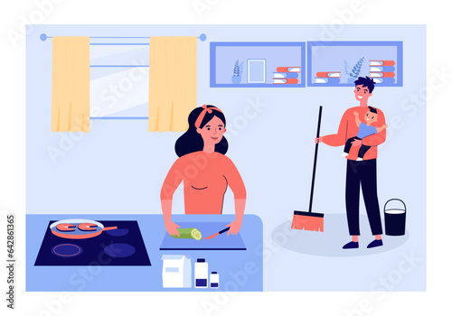 Multitasking parents with baby vector illustration. Happy woman cooking meal at kitchen while husband with broom cleaning house and playing with child. Home life, child care, parenting concept © Bro Vector