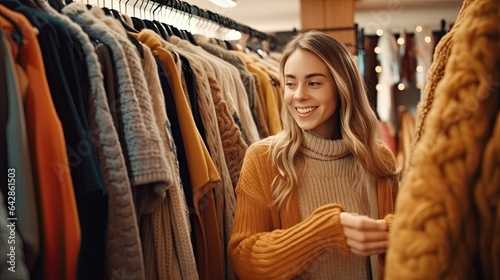 a young woman shopping for clothes in a clothing store she is smiling and looking at the camera while standing next to her