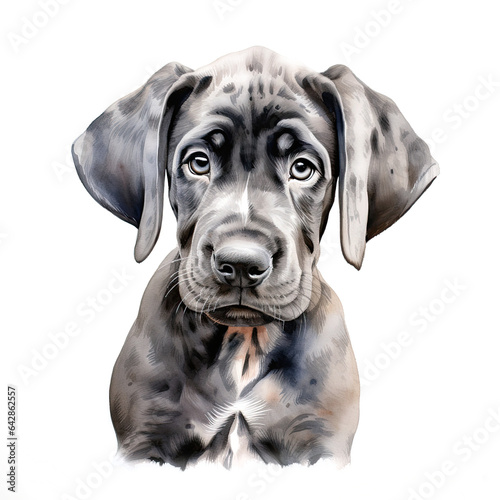 Great dane puppy, front view portrait on white background. Digital watercolour illustration.