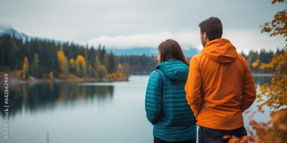 On a crisp autumn day, a man and woman stand together on the shore of a peaceful lake, surrounded by trees with vibrant leaves of orange and brown that flutter in the wind, a reminder of the beauty o
