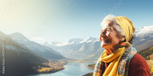 A woman stands in the golden autumn sun, her scarf rippling in the breeze as she looks out over the lake surrounded by mountains and foliage of fiery oranges and browns © mockupzord