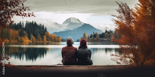 Fotografia Two people, dressed in warm autumn clothing, sit peacefully on a ledge overlooki