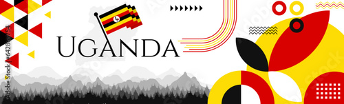 The Uganda Independence Day abstract banner design with flag and map. Flag color theme geometric pattern retro modern Illustration design. Red, yellow and black color template.