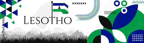 The Lesotho Independence Day abstract banner design with flag and map. Flag color theme geometric pattern retro modern Illustration design. Blue and green color template.