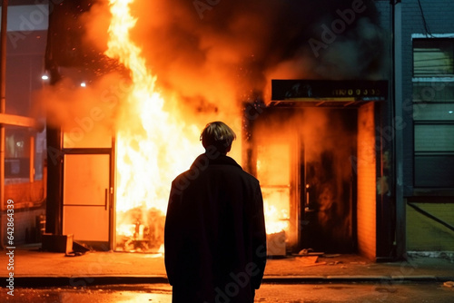 Back view of silhouette of man standing in front of burning building. Arson concetp