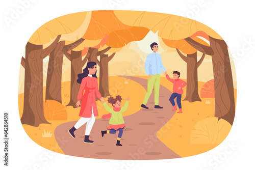 Happy family on peaceful walk in autumn vector illustration. Cartoon drawing of woman, man and kids walking along road or path in forest or park. Autumn, outdoor activity, seasons, family concept
