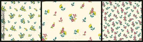 Seamless floral pattern, bright ditsy print with cartoon plants in the collection. Cute botanical design: small hand drawn flowers, tiny leaves in an abstract composition, white background. Vector.