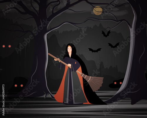 Witch with broomstick in forest at night vector illustration. Cartoon drawing of woman in black cloak, full moon in dark sky, bats, scary trees, creepy red eyes. Halloween, horror, fantasy concept