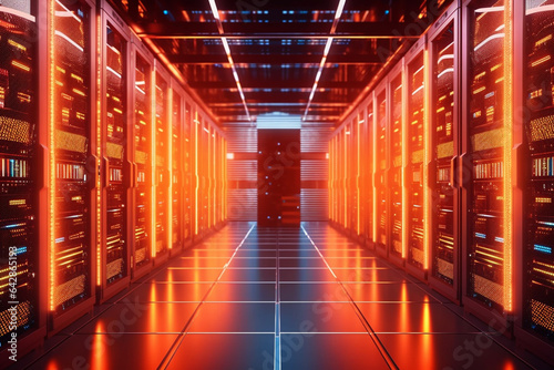 Server room data center. 3d rendering toned image double exposure