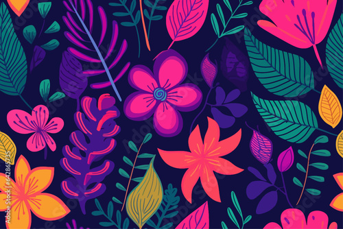colorful pattern with flowers and leaves, vibrant contemporary tropical seamless exotic vector illustration