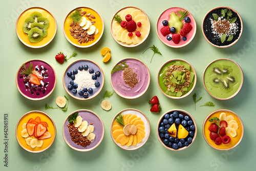 Smoothies in colorful cups with colorful fruits and condiments look delicious on a pastel background.