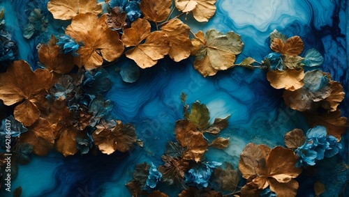 Alcohol Ink Autumn Gold Blue Creative Background