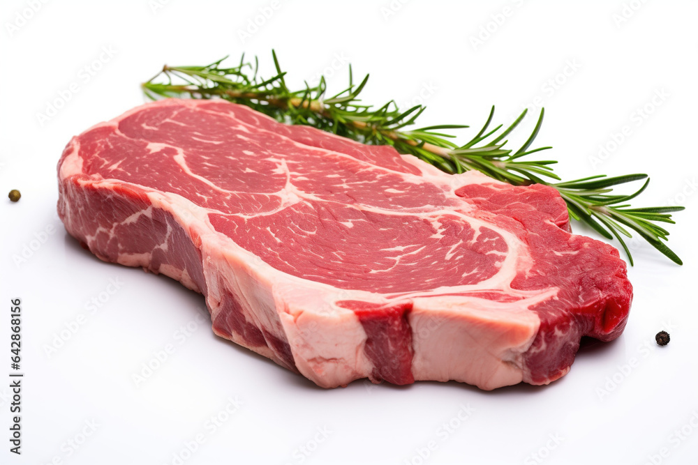 Raw ribeye steak with a sprig of rosemary Raw ribeye steak with a sprig of rosemary