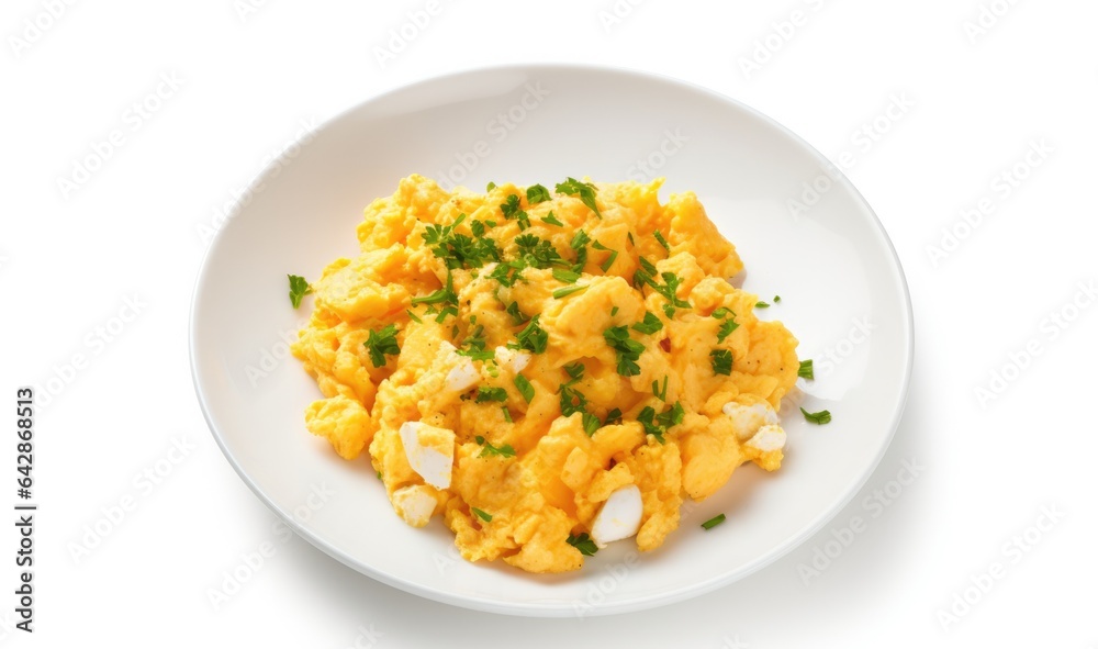 scrambled egg in a plate on white background
