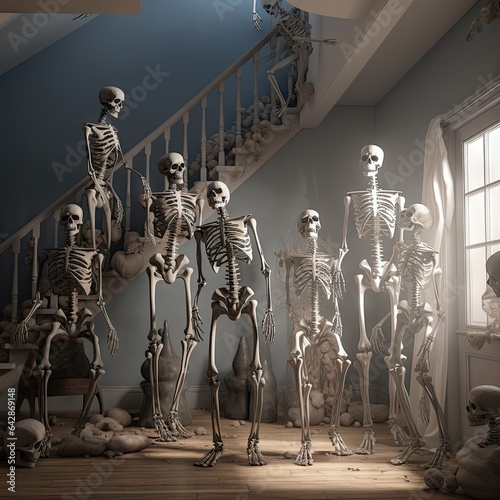 skeletons standing in front of a staircase and looking up at the camera with an open window behind them to see what they're photo