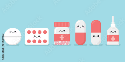 Cute character pills icon in flat style. Happy tablet vector illustration on isolated background. Medical drug sign business concept.