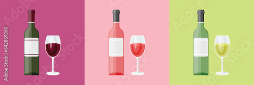 Wine bottles with glasses icon in flat style. Alcohol drink vector illustration on isolated background. Champagne beverage sign business concept.