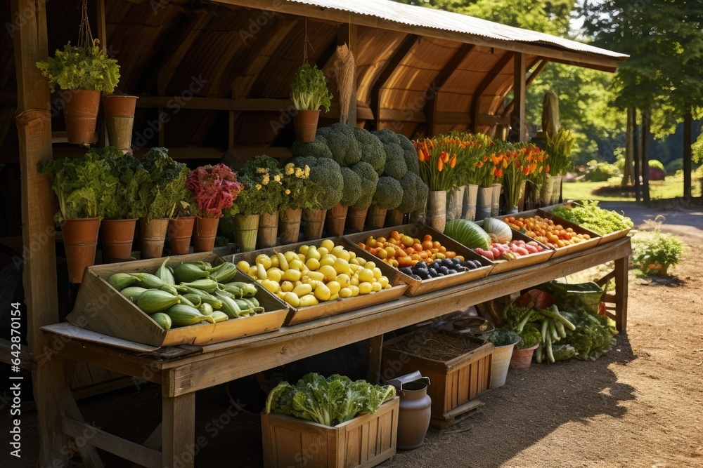 Generative ai of farm fresh organic vegetables for sale on a wooden table in the countryside.