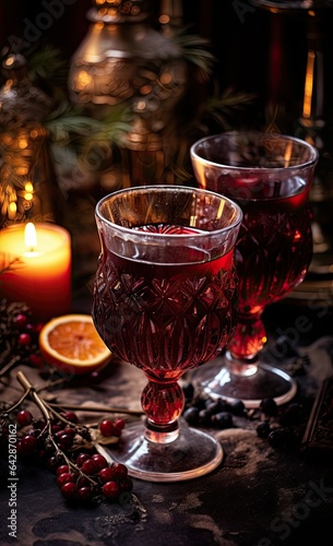 two glasses filled with cran wine and garnia berries on a dark background, surrounded by candlelight