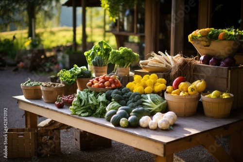 Generative ai of farm fresh organic vegetables for sale on a wooden table in the countryside.