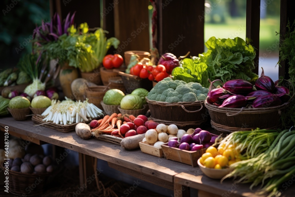 Generative ai of farm fresh organic vegetables for sale on a wooden table in the countryside. Generative ai of farm fresh organic vegetables for sale on a wooden table in the countryside.