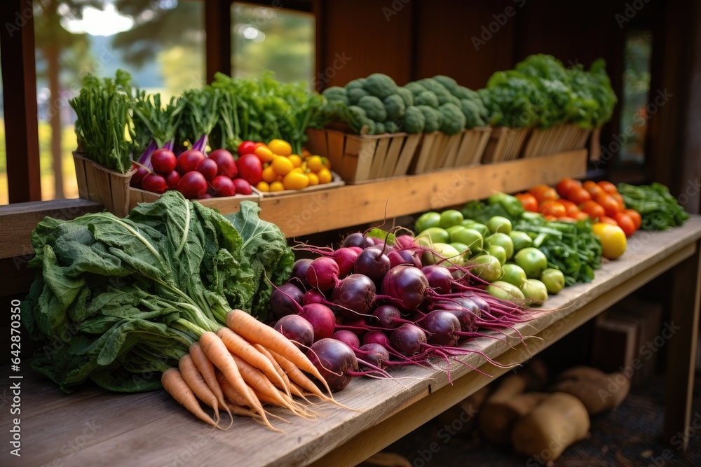 Generative ai of farm fresh organic vegetables for sale on a wooden table in the countryside. Generative ai of farm fresh organic vegetables for sale on a wooden table in the countryside.