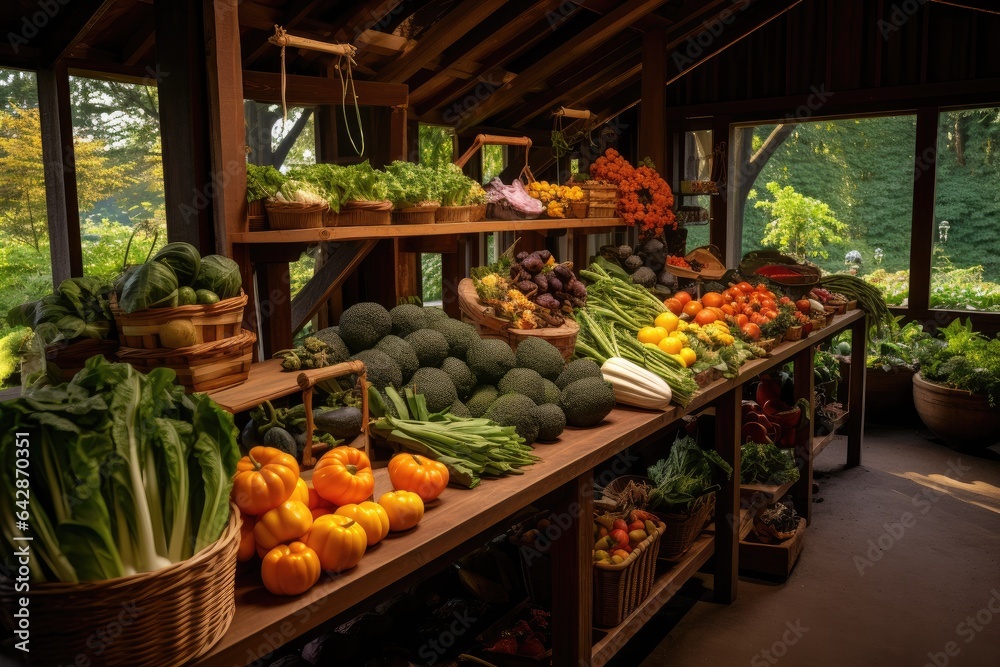 Generative ai of farm fresh organic vegetables for sale on a wooden table in the countryside.